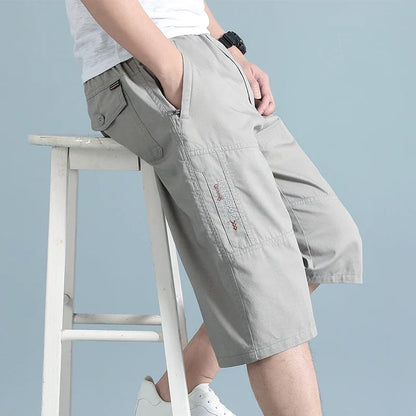 Men Cropped Cargo Shorts Men's Casual Sports Pants Zipper Pocket Summer Cotton Shorts Running Jogger Shorts Elastic Waist