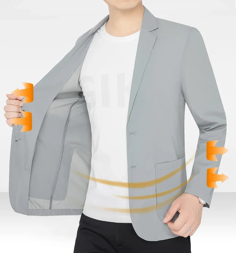 Brand Summer Men Blazers Gray Solid Color Thin Anti Wrinkle Quick Drying Soft Business Suit Blazer Jacket for Man