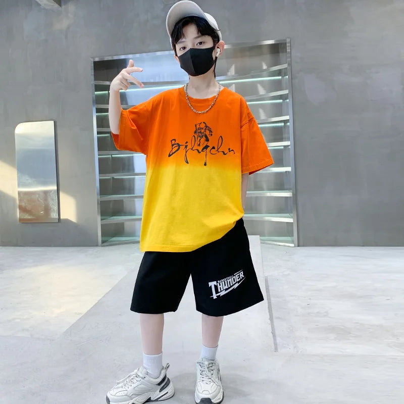 Kids Boy New Summer Suit Tie Dye T-shirt + Cargo Shorts 2 Pieces Tracksuit for Teens Child Shorts Sleeve Clothing Set Age 4 - 14