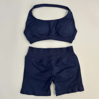 Yoga Shorts Set Seamless Yoga Set Workout Scrunch Shorts Sets Halter Sports Bra Scrunch Shorts Fitness Clothes Gym Suit