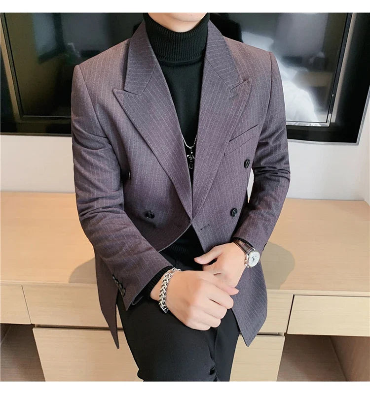 Classic Luxury Striped Men Suit Jacket Fashion Double Breasted Business Office Wedding Tuxedos Male High Quality Slim Fit Blazer