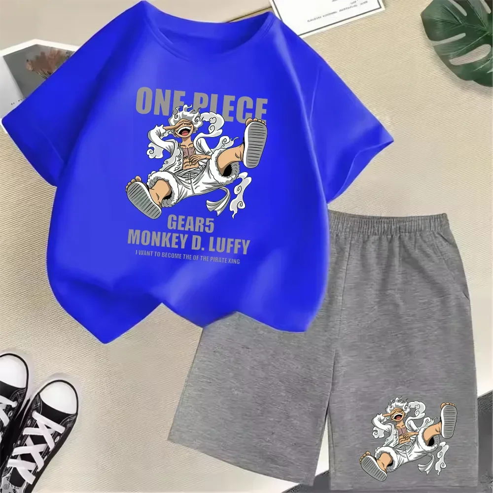 Summer New Cotton Kids T-Shirt Set Luffy Gear 5 One Piece Children Shorts Sport Casual School Outdoor Boys Tracksuit