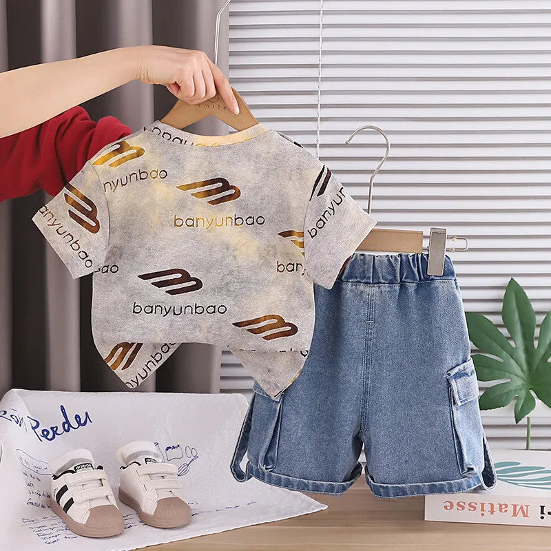 New Baby Boys Girls Summer Clothes Sets Kids Infant Letter T shirt + Denim Shorts 2pcs/sets Children Clothing Tracksuits Set