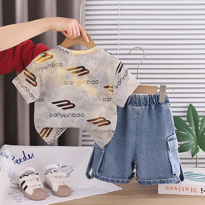 New Baby Boys Girls Summer Clothes Sets Kids Infant Letter T shirt + Denim Shorts 2pcs/sets Children Clothing Tracksuits Set