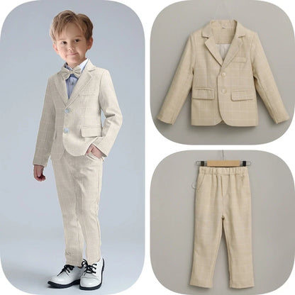 Classic Khaki Children Lapel Suit Set School Graduation Ceremony High Quality Boys 3 Pieces Blazer Pants Bow-tie For Activities