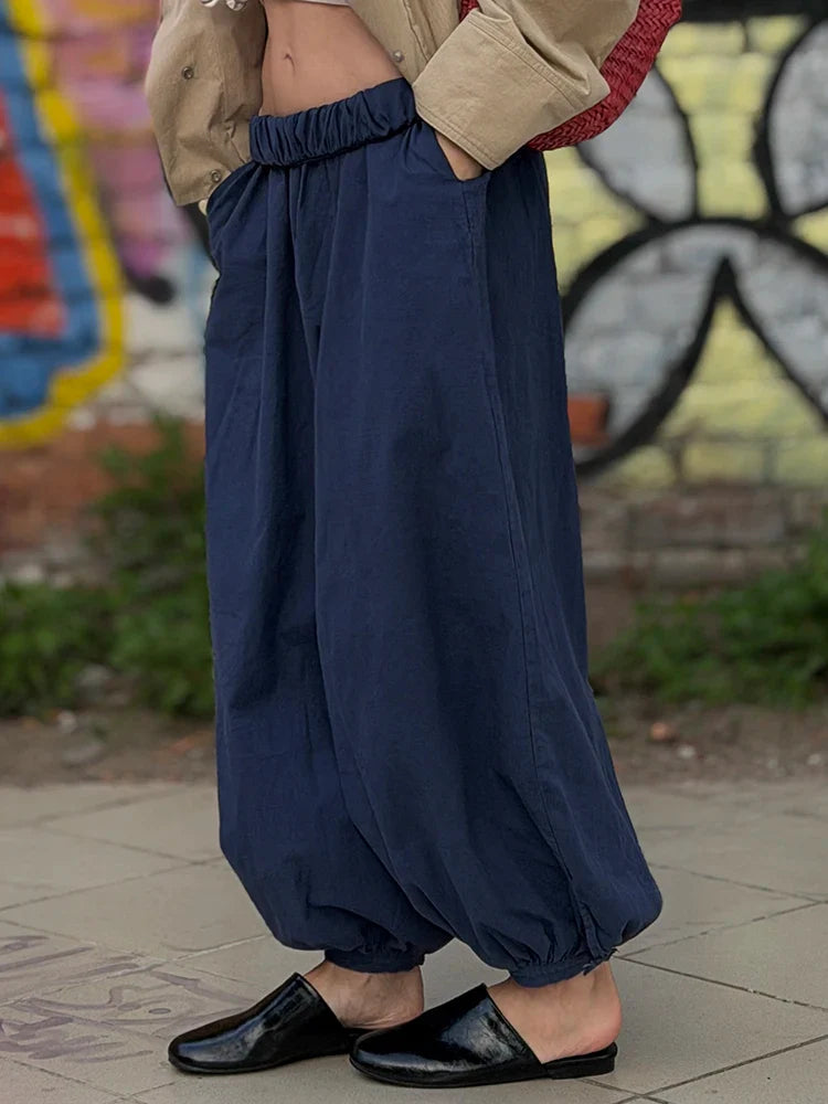 Summer Cotton Oversized Pants For Women Blue Baggy Aladdin Trousers Elastic Bloomers Navy Blue Cropped Lantern Harem Pants Woman