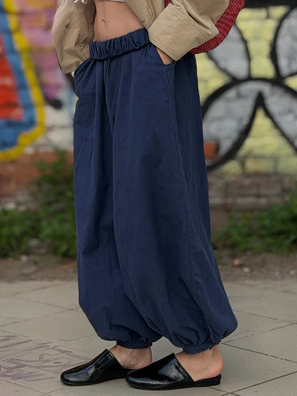 Summer Cotton Oversized Pants For Women Blue Baggy Aladdin Trousers Elastic Bloomers Navy Blue Cropped Lantern Harem Pants Woman
