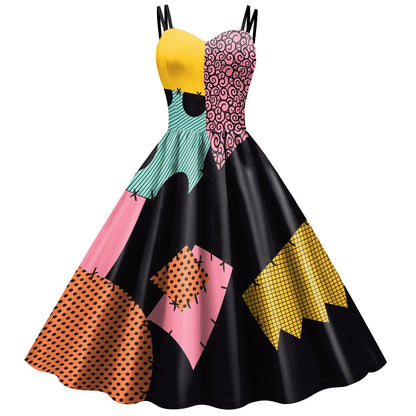 Halloween Nightmare Christmas Sally Dress Spaghetti Strap Women's Sexy Backless Dresses Patchwork Vestidos