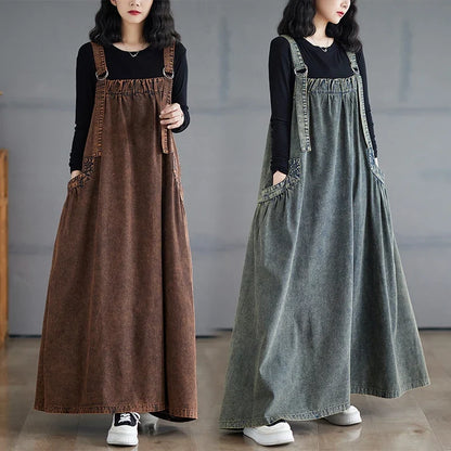 Retro Crtsmanip Loose Fit Slimming Denim Overalls Long Skirt Dr Spring Summer Autumn Winter A-Line Straight Cut Gown