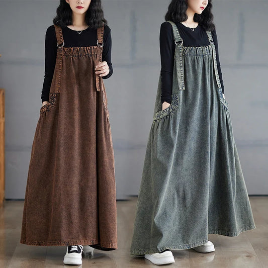 Retro Crtsmanip Loose Fit Slimming Denim Overalls Long Skirt Dr Spring Summer Autumn Winter A-Line Straight Cut Gown