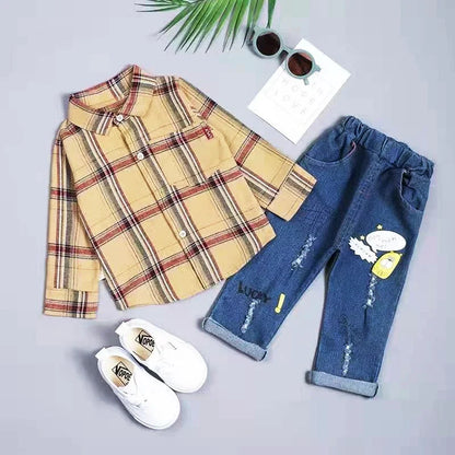 Baby boy clothes suits handsome plaid kids boys long-sleeved lapel shirt + denim trousers 2-piece set