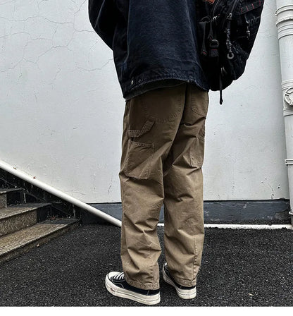 Korean Streetwear High Quality Double Gauge Twill Wash Cargo Pants For Men Clothing Harajuku Cotton Casual Straight Leg Trousers