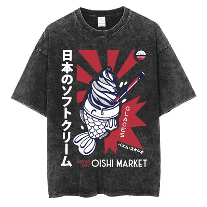 Japanese Tokyo Tokyo Culture Print Washed T Shirt Funny Fashion Vintage Men Women T-shirts Cotton Casual Loose Tees Streetwear