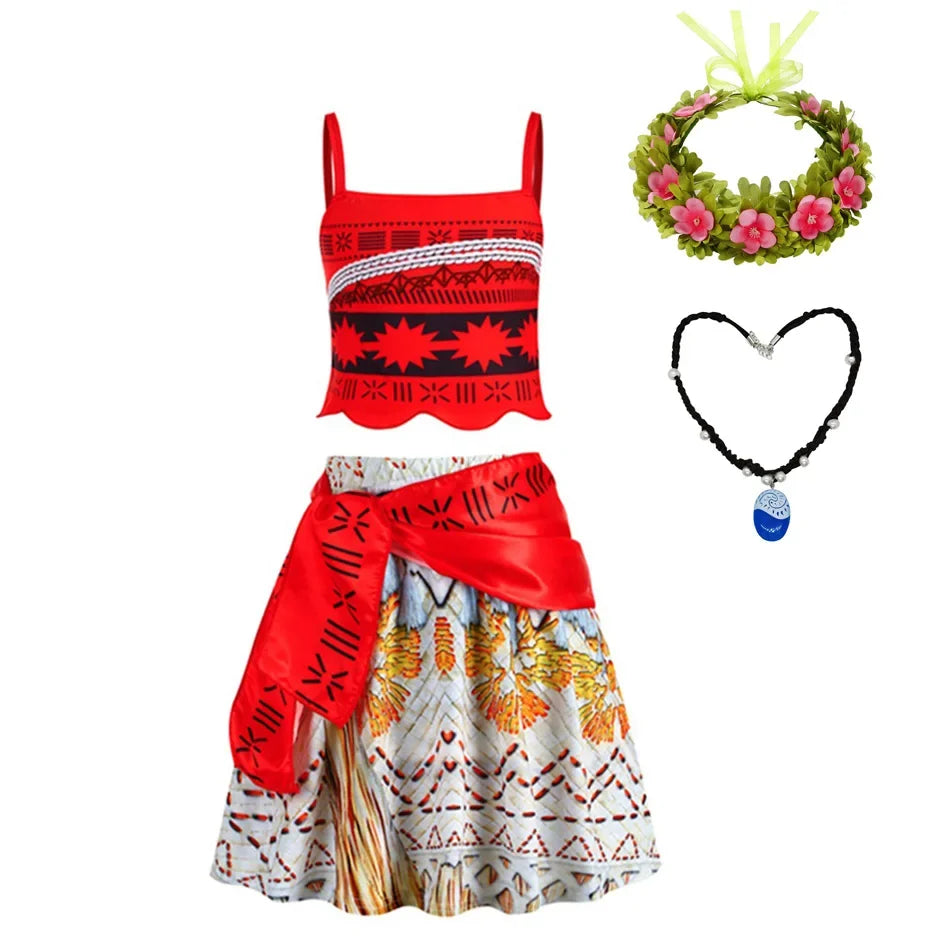 Moana Dress Kids Girls Children Cosplay Princess Birthday Carnival Party Costume with Necklace Flower Set Summer
