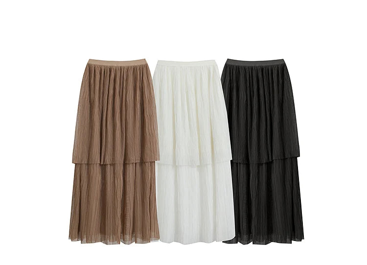 Long Skirt 2026 Spring New Casual Vacation Waist Pleated Mesh Long Skirt Women Loose Solid Versatile Woman Clothes 12621001