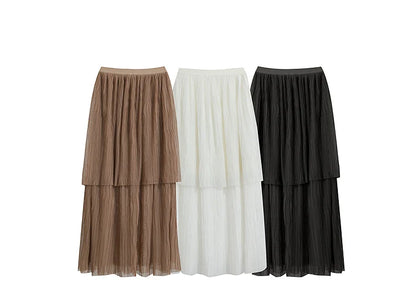 Long Skirt 2026 Spring New Casual Vacation Waist Pleated Mesh Long Skirt Women Loose Solid Versatile Woman Clothes 12621001