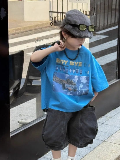 2026 New Boys' Summer Short Sleeve T-Shirt 100% Cotton Stylish Printed Half Sleeve Kids' Tops Trendy Cool Design for Boys