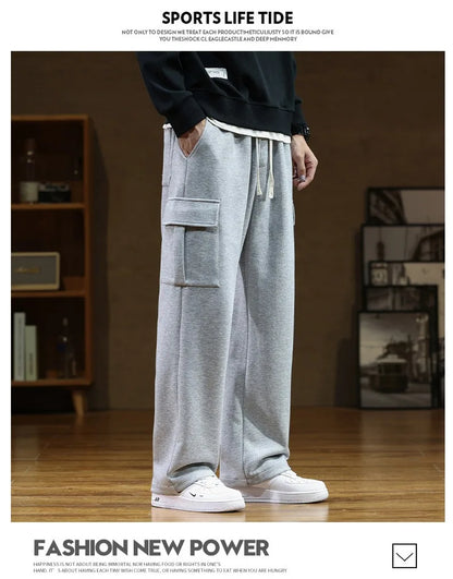 2026 New in Wide Leg Pants Men Autumn Straight Elastic Waist Baggy Cargo Trouser Male Relaxed Streetwear Sweatpant Plus Size Big