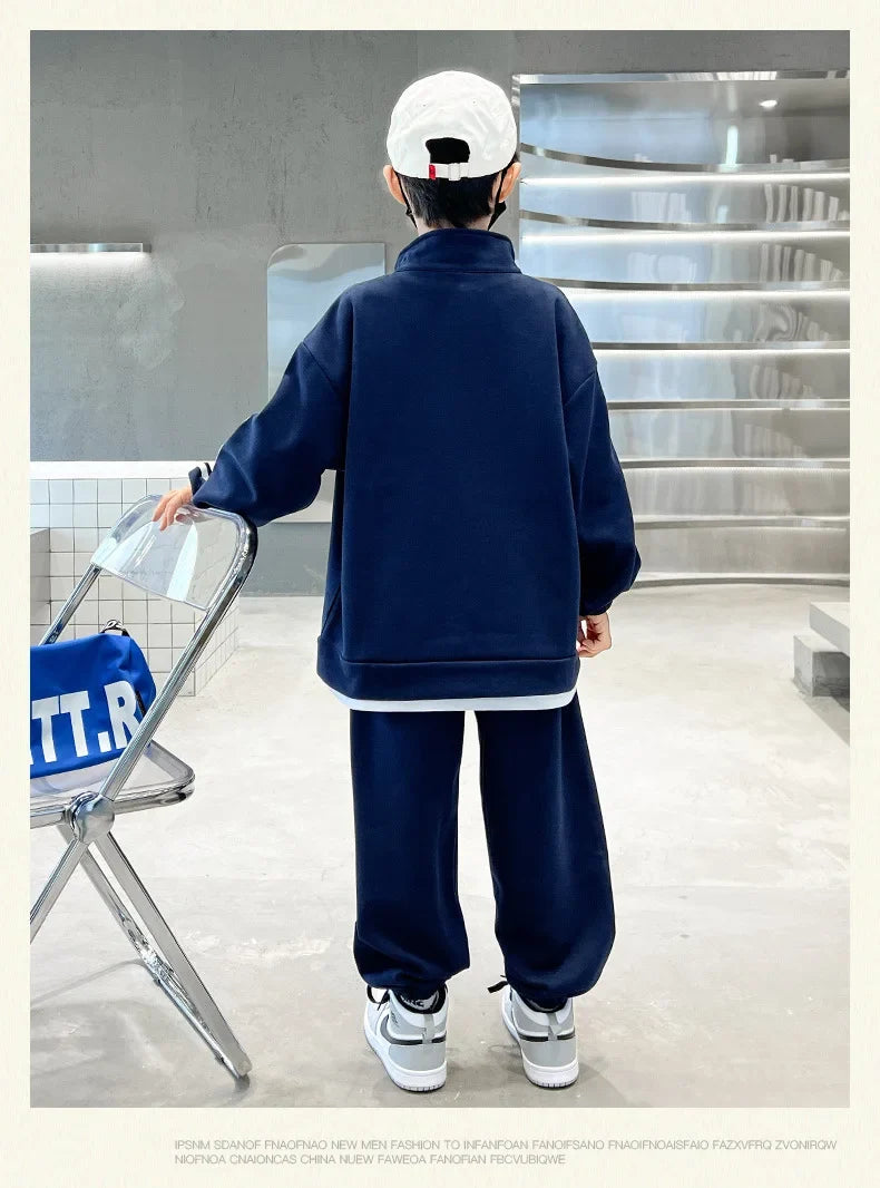 Spring Autumn Boys Navy Striped Zip Sweatshirt Coats+Sweatpant Sets School Kids Tracksuit Children Outfit Jogging Suit 3-14Yrs