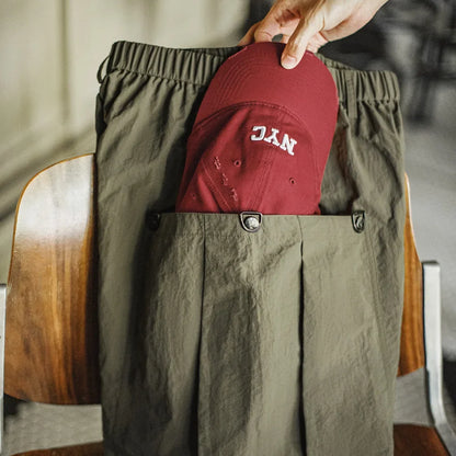 Casual Green Pocket Shorts Men's Summer Lightweight Woven Straight Leg Shorts Elastic Waist Retro Street Versatile Bottoms