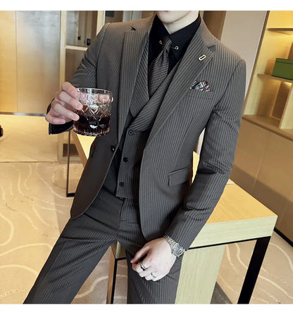 Luxury Stripe Men Suit Korean Version Fashion Elegant Slim Fit Tuxedo Formal Groom Wedding Social Suits