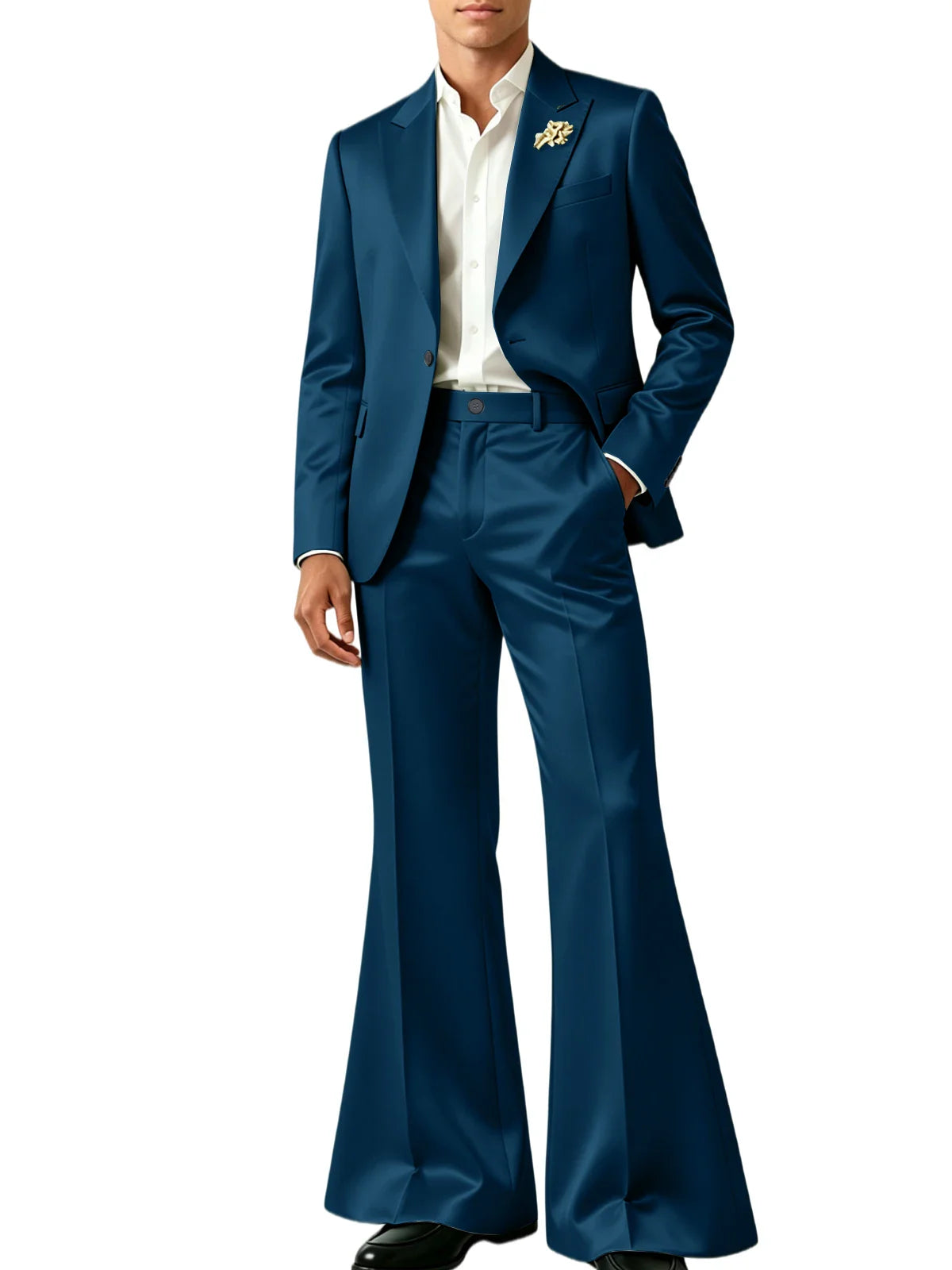 Luxury Men's Shiny Satin Suit 2 Piece Notch Lapel 1 button Jacket Wide Leg Flared Pants Wedding Groom Tuxedo Formal Party