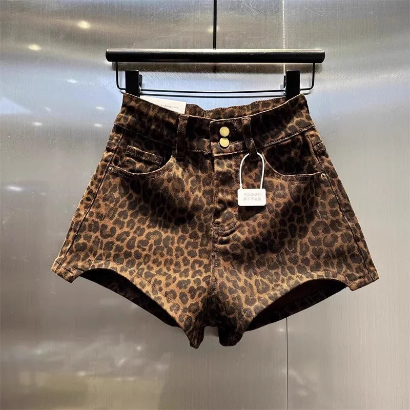2025 Leopard Print High Waist Denim Shorts Women's New Irregular Fashion Wide-leg Pants Booty Shorts Jeans Mini Shorts Summer