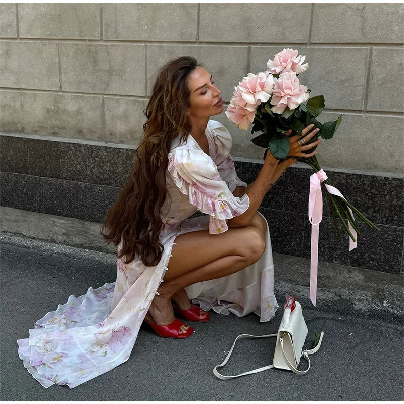 V-neck Organza Floral Chiffon Puff Sleeve Slit Long Dress Bodycon High Slit Bodycon Sexy Dresses Lady Chic Daily Sweet Date Robe