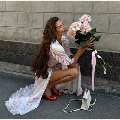 V-neck Organza Floral Chiffon Puff Sleeve Slit Long Dress Bodycon High Slit Bodycon Sexy Dresses Lady Chic Daily Sweet Date Robe