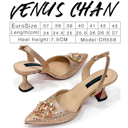 2024 Latest Wedding Pointed Toe Women's Shoes High Heel Black Color Rhinestones italian shoes and bags matching set