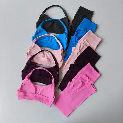 Sports Suit Women's Running 2PCS Set Seamless Yoga Thin Straps Beautiful Back Fitness Bras Gym High-waisted Peach Leggings Sets