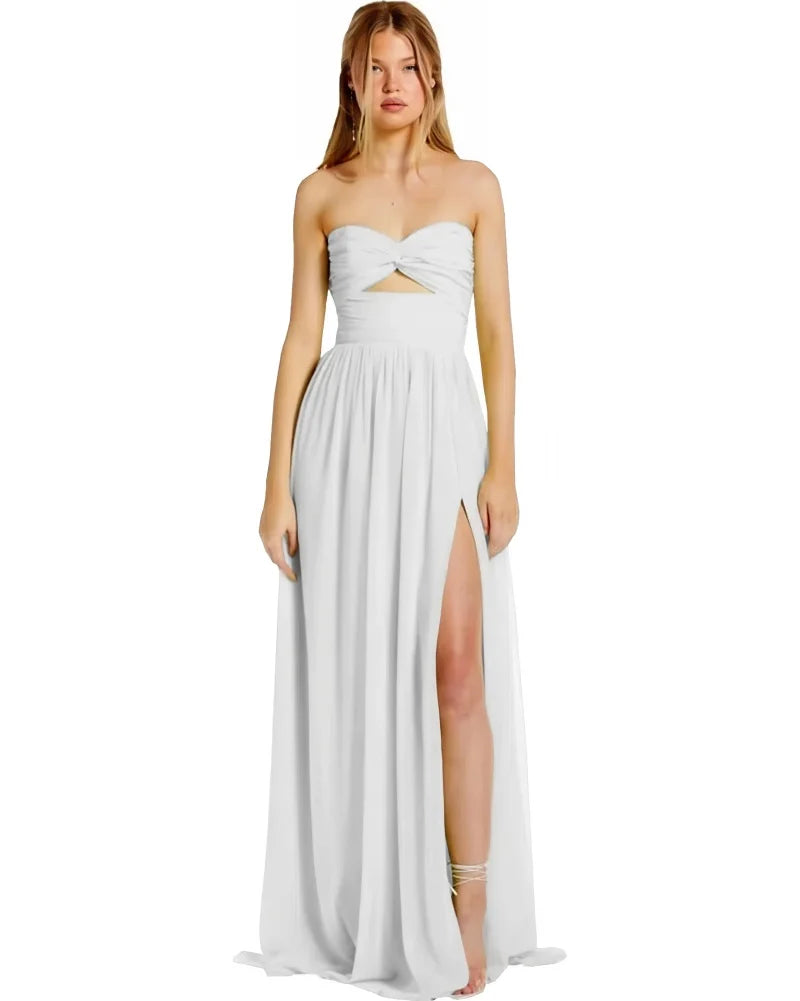 Strapless Chiffon Prom Dresses Pleated Sexy High Split Backless Cocktail Party Dress Off The Shoulder Long Homecoming Dress