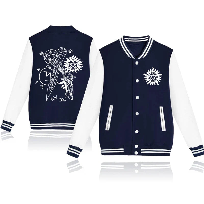 New Supernatural Print Baseball Jacket Women Men Casual Loose Jacket Autumn Winter Sweatshirt Long Sleeve Jersey Tops