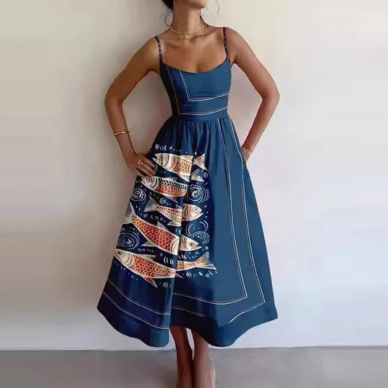 Fashion Women Print Suspenders Blue Ocean Fish Pattern Sexy Long Dress 2025 New Spring Summer Temperament Maxi Dresses