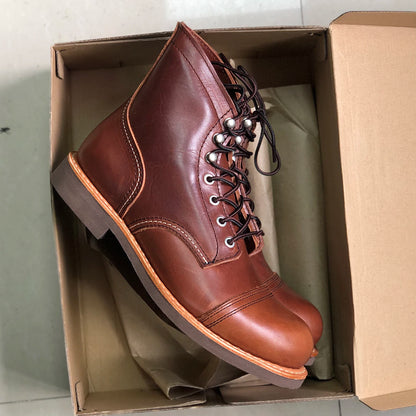 Durable Goodyear-Welted Motorcycle Rugged Heritage Boots Vintage Oil Genuine Leather 8111 Red Punk For Men Cowhide Mid-Cut Shoes