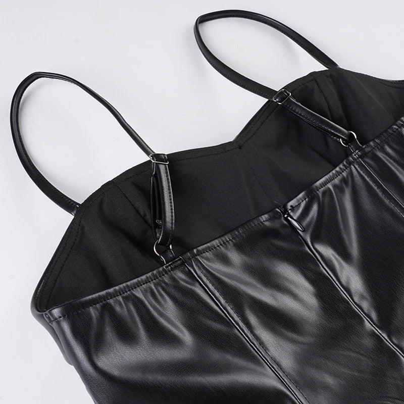 Sexy Black Pu Leather A Line Dress Women's Spaghetti Strap Sleeveless Party Club Dress Elegant Outfits Coquette 2026