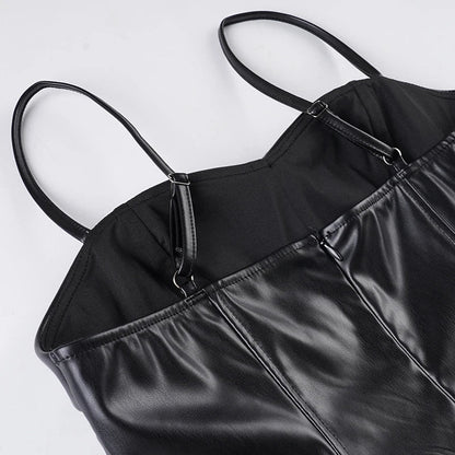 Sexy Black Pu Leather A Line Dress Women's Spaghetti Strap Sleeveless Party Club Dress Elegant Outfits Coquette 2026