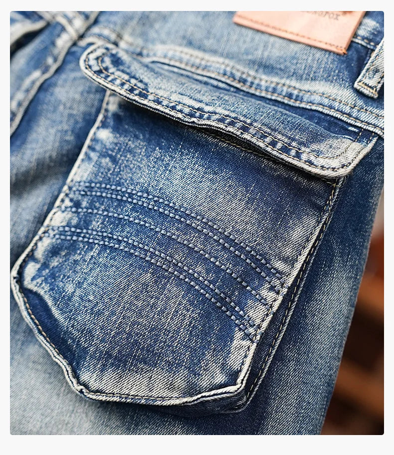 American Style Workwear Denim Shorts Summer Elastic Outdoor Trendy Brand Multi-pocket Loose Shorts Y2k Street Knee-high Pants