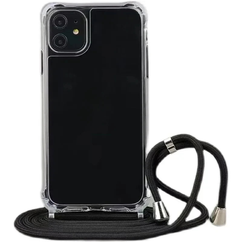 جراب صلب شفاف بحبل تعليق متقاطع لهاتف آيفون 16 15 14 13 12 11 برو ماكس XS XR غطاء ناعم وشفاف