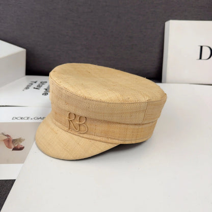 British Women’s Straw Newsboy Cap Summer Flat Top Sun Hat Spring Summer Raffia Handmade Monogram Embellished Baker Boy Cap