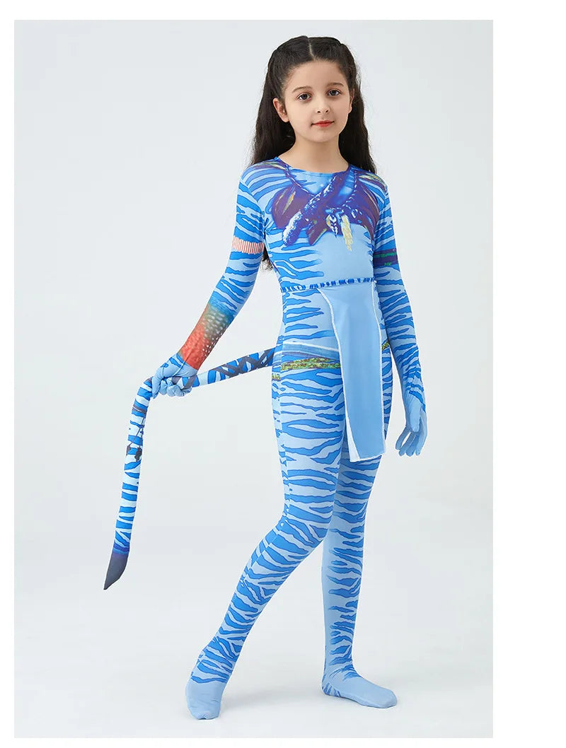 Girls Avatar 2 Neytiri Costume Tail Suit Boys Jake Sully Cosplay Zentai Bodysuit Jumpsuit Kids Halloween Birthday Party Costume