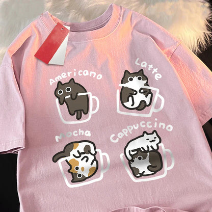 Cat Coffee Pure Cotton Trendy Summer Loose Short Sleeved T-shirt Men Women Original Mocha Latte Cat Three Flowers Fun Cat Tees