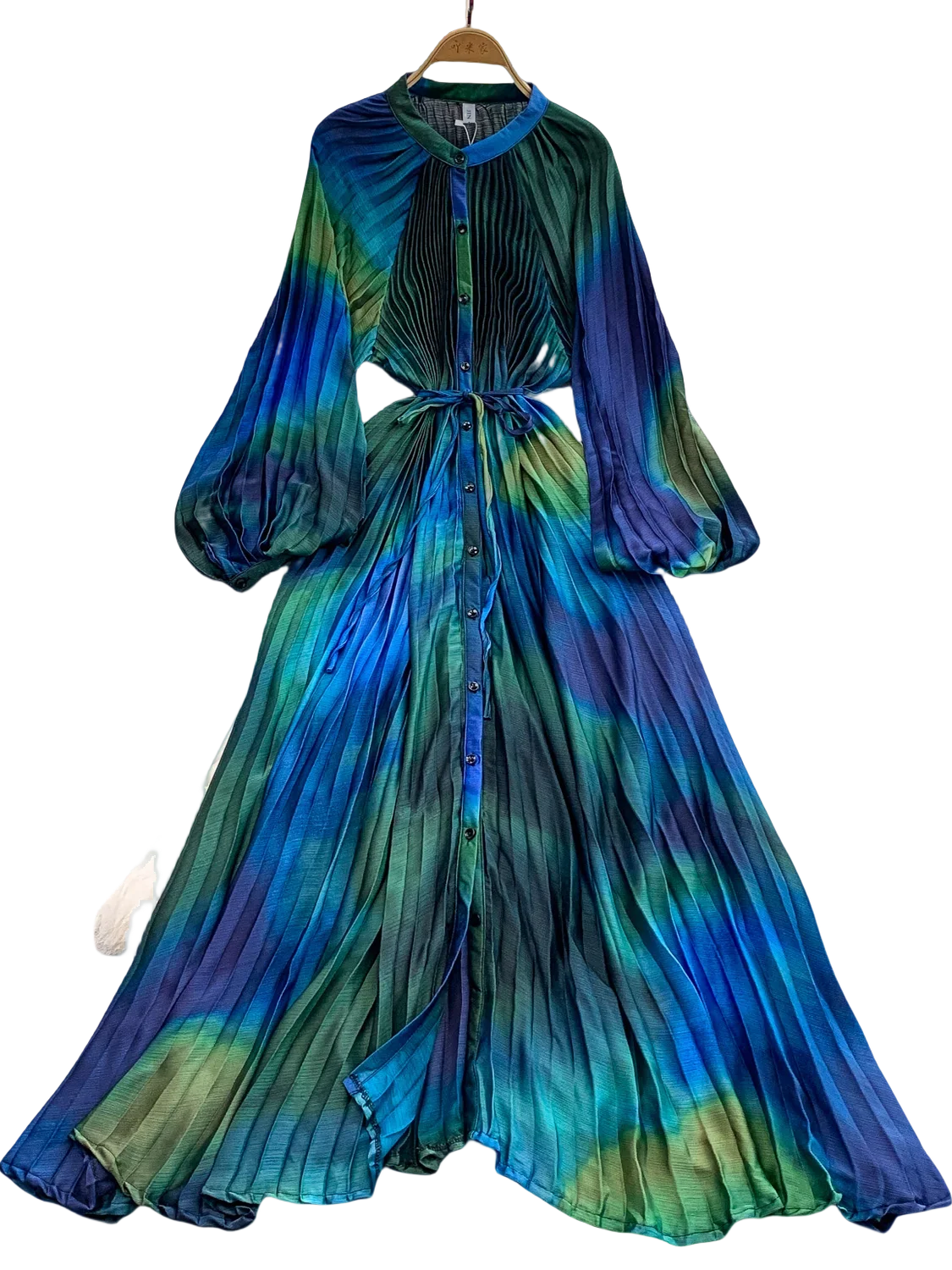 Ele Printed round Ne Lantern Sve Dr Women's Single Button Waist Cinch Maxi Skirt Long Dr Commute Sle Autumn
