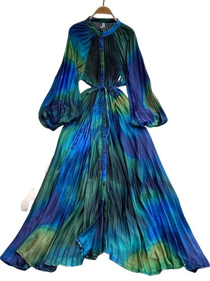 Ele Printed round Ne Lantern Sve Dr Women's Single Button Waist Cinch Maxi Skirt Long Dr Commute Sle Autumn