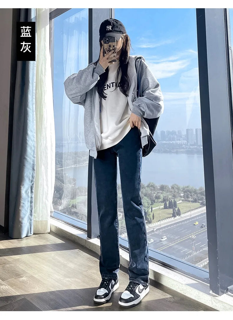 Black 2024 Winter Straight Fleece Jeans Women Casual Vintage Warm Thick Loose High Waist Elastic Velvet Denim Pants