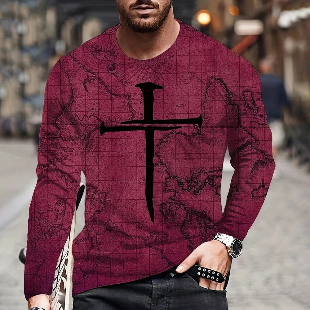 2023 Vintage Men's T Shirt Cotton Cross Pattern Long Sleeve 3D Clothing Nautical Map Print Street Harajuku Oversized