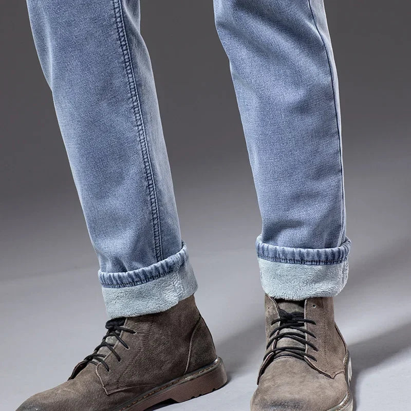 Winter Fleece Thick Warm Jeans Classic Brand Business Casual Men's Fitted Straight Stretch Mid-high Waist Denim Jeans