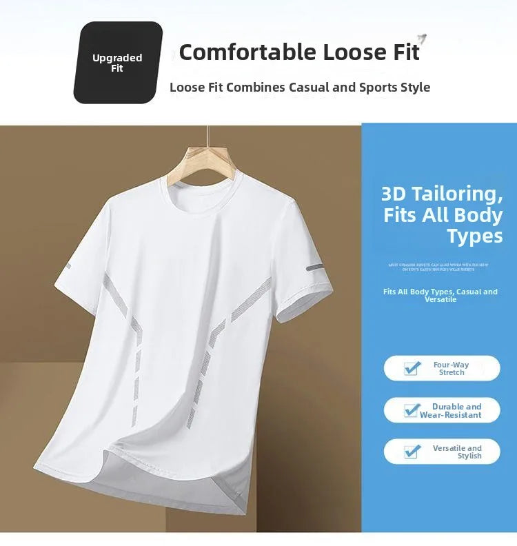 Ice Silk Men's T-Shirt Quick Dry Thin Short Sleeve Breathable Half Sleeve Large Size Casual Sporty Trendy round Neck Short Sl...