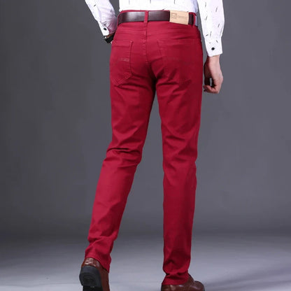 2026 New  Spring Autumn Wine Red Jeans Men Fashion Casual Classic Style Business Straight Fit Soft Trousers Male Advanced Pants
