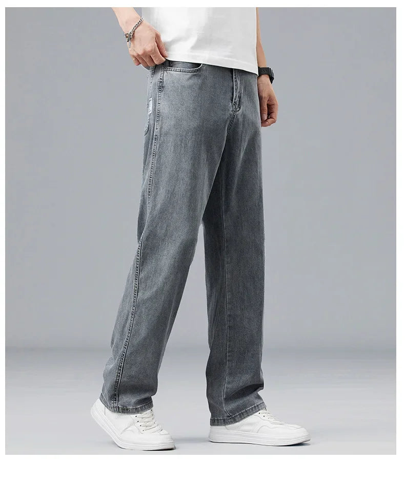 Lyocell Ultra-thin Summer Men's Jeans Elastic Ice Silk Drape Soft Loose Pants Straight Casual Denim Male Clothing Trousers